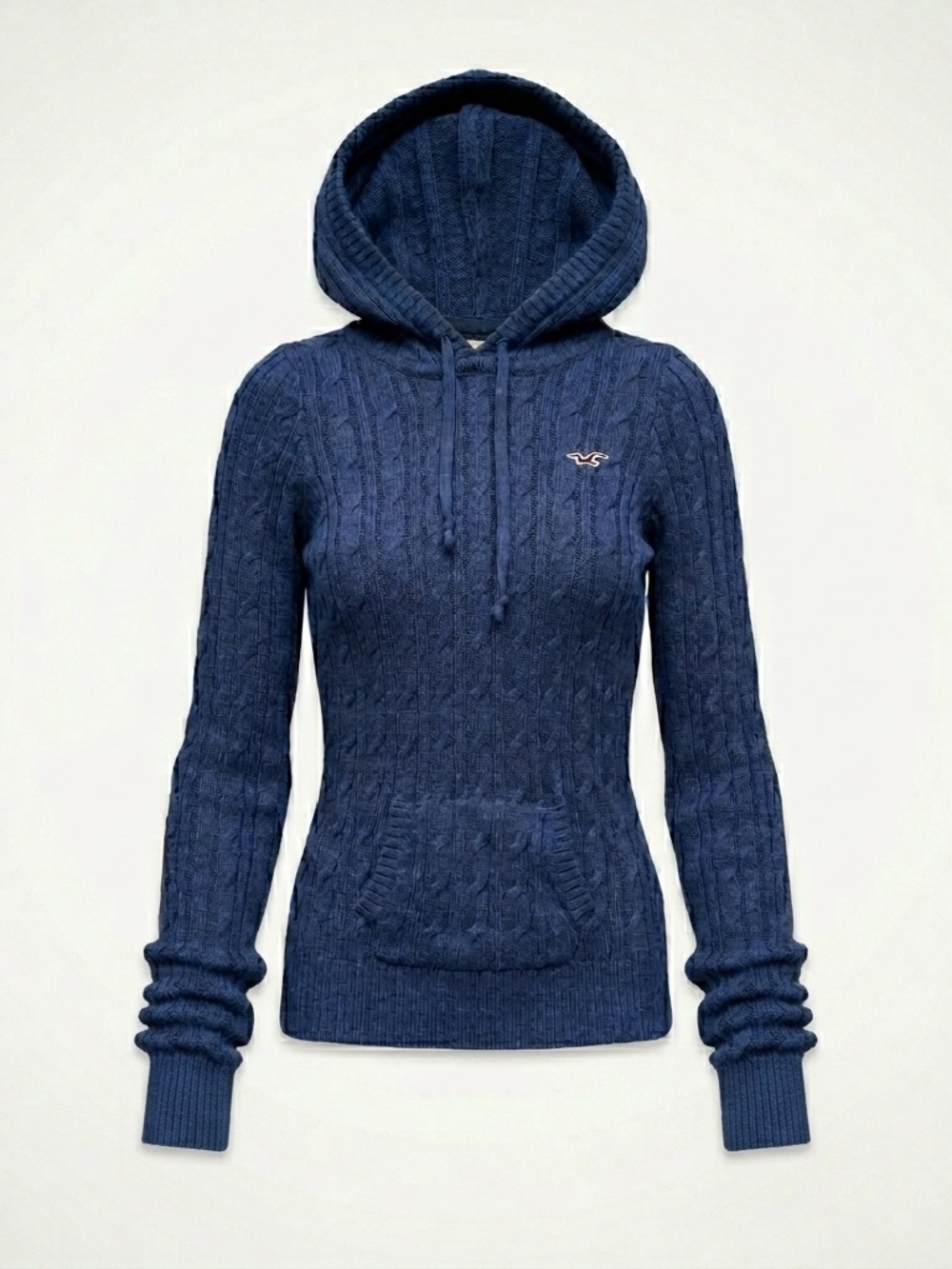 Y2K Hollister Hoodie Sweater Navy‎ Cable Knit Rabbit Hair Blend Soft Tight Fit S